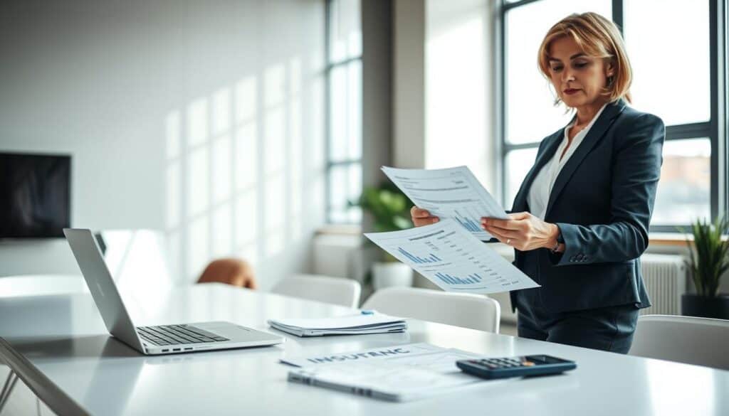A professional office environment featuring a confident middle-aged woman in business attire, standing in the foreground, analyzing a document with clear financial graphs and figures related to insurance compensation. In the middle ground, a sleek modern desk with a laptop open, alongside a stack of paperwork and a calculator, emphasizes the theme of compensation verification. In the background, a large window allows soft, natural light to flood the room, creating an inviting yet serious atmosphere. The focus is on clarity and attention to detail, evoking a sense of urgency and importance. The overall mood is professional and analytical, highlighting the significance of verifying compensation amounts. A professional office environment featuring a confident middle-aged woman in business attire, standing in the foreground, analyzing a document with clear financial graphs and figures related to insurance compensation. In the middle ground, a sleek modern desk with a laptop open, alongside a stack of paperwork and a calculator, emphasizes the theme of compensation verification. In the background, a large window allows soft, natural light to flood the room, creating an inviting yet serious atmosphere. The focus is on clarity and attention to detail, evoking a sense of urgency and importance. The overall mood is professional and analytical, highlighting the significance of verifying compensation amounts.