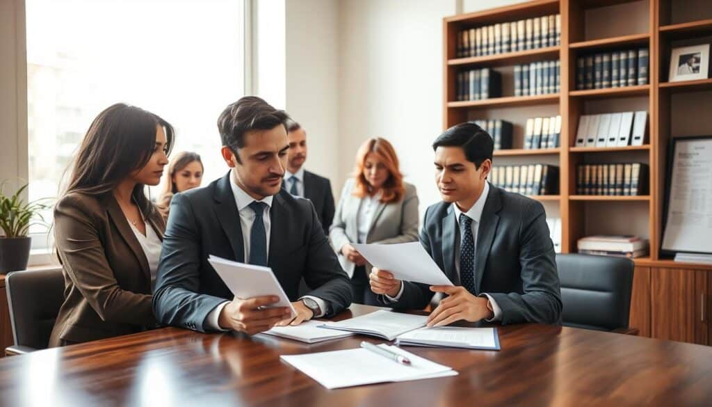 A professional office scene depicting a diverse group of individuals engaged in a discussion about insurance claims, specifically for motor vehicle accidents. In the foreground, two business professionals, one man and one woman, are reviewing documents at a sleek wooden desk, looking focused and collaborative. The middle ground features a large window with natural light streaming in, creating an inviting atmosphere. In the background, a bookshelf filled with legal books and insurance brochures adds depth to the scene. The lighting is bright yet soft, highlighting the serious nature of the conversation. The overall mood conveys professionalism and determination, emphasizing the process of submitting a claim efficiently and confidently. A professional office scene depicting a diverse group of individuals engaged in a discussion about insurance claims, specifically for motor vehicle accidents. In the foreground, two business professionals, one man and one woman, are reviewing documents at a sleek wooden desk, looking focused and collaborative. The middle ground features a large window with natural light streaming in, creating an inviting atmosphere. In the background, a bookshelf filled with legal books and insurance brochures adds depth to the scene. The lighting is bright yet soft, highlighting the serious nature of the conversation. The overall mood conveys professionalism and determination, emphasizing the process of submitting a claim efficiently and confidently.