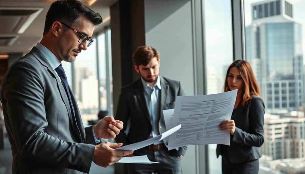 A professional office setting depicting a confident insurance agent discussing compensation claims with a client. The foreground features a well-dressed agent, analyzing damage reports and policy documents, emphasizing professionalism with a focused expression. In the middle, a concerned client, dressed in smart casual attire, leans forward, seeking guidance. The background showcases a sleek office interior with large windows revealing a bustling cityscape outside, allowing natural light to filter in, creating a warm and inviting atmosphere. Soft shadows enhance the details of the documents and expressions. The mood is serious yet hopeful, signifying empowerment through knowledge in avoiding under-compensation in future claims. A professional office setting depicting a confident insurance agent discussing compensation claims with a client. The foreground features a well-dressed agent, analyzing damage reports and policy documents, emphasizing professionalism with a focused expression. In the middle, a concerned client, dressed in smart casual attire, leans forward, seeking guidance. The background showcases a sleek office interior with large windows revealing a bustling cityscape outside, allowing natural light to filter in, creating a warm and inviting atmosphere. Soft shadows enhance the details of the documents and expressions. The mood is serious yet hopeful, signifying empowerment through knowledge in avoiding under-compensation in future claims.