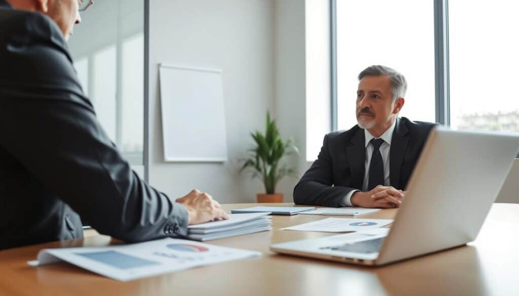 A professional office setting depicting a mediation session between a client and an insurance representative. In the foreground, a concerned client in modest business attire is seated at a conference table, looking attentively at the insurance agent, who is wearing a smart suit. The middle ground shows a stack of papers and a laptop open with graphs and documents related to a claim for compensation. In the background, a large window lets in soft, natural light creating a calm and focused atmosphere. The lighting is bright but not harsh, emphasizing a constructive dialogue. The angle is slightly elevated, capturing the expressions of both the client and agent, conveying a sense of problem-solving and negotiation. A professional office setting depicting a mediation session between a client and an insurance representative. In the foreground, a concerned client in modest business attire is seated at a conference table, looking attentively at the insurance agent, who is wearing a smart suit. The middle ground shows a stack of papers and a laptop open with graphs and documents related to a claim for compensation. In the background, a large window lets in soft, natural light creating a calm and focused atmosphere. The lighting is bright but not harsh, emphasizing a constructive dialogue. The angle is slightly elevated, capturing the expressions of both the client and agent, conveying a sense of problem-solving and negotiation.