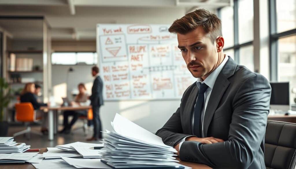 A professional office setting depicting common mistakes when seeking insurance compensation. In the foreground, a focused individual in business attire, looking concerned while reviewing a stack of paperwork scattered on a desk. In the middle ground, a wall displaying a large whiteboard filled with flowcharts and common errors marked in red, symbolizing confusion and misunderstandings. In the background, a soft-focus view of a bustling office environment with colleagues discussing and sharing documents, highlighting collaboration and awareness. The lighting is bright and natural, streaming in through large windows, creating an atmosphere of urgency and professionalism. Lens angle is slightly tilted to evoke a dynamic perspective, emphasizing the challenges of navigating insurance claims. A professional office setting depicting common mistakes when seeking insurance compensation. In the foreground, a focused individual in business attire, looking concerned while reviewing a stack of paperwork scattered on a desk. In the middle ground, a wall displaying a large whiteboard filled with flowcharts and common errors marked in red, symbolizing confusion and misunderstandings. In the background, a soft-focus view of a bustling office environment with colleagues discussing and sharing documents, highlighting collaboration and awareness. The lighting is bright and natural, streaming in through large windows, creating an atmosphere of urgency and professionalism. Lens angle is slightly tilted to evoke a dynamic perspective, emphasizing the challenges of navigating insurance claims.
