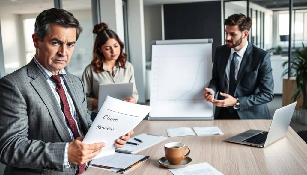 A professional office setting featuring a diverse group of three people engaged in a serious discussion about insurance claims. In the foreground, a middle-aged man in a tailored suit holds a document labeled "Claim Review," showing concern on his face. Beside him, a woman in a smart casual blouse takes notes on a laptop, while a younger man in business attire gestures towards a large graph on a whiteboard, illustrating fluctuating compensation amounts. The middle ground features a conference table with papers and pens scattered about, and a coffee cup giving a touch of warmth. The background includes a modern office with large windows, allowing soft, natural light to filter in, creating a focused but tense atmosphere as they strategize on addressing underfunded claims.