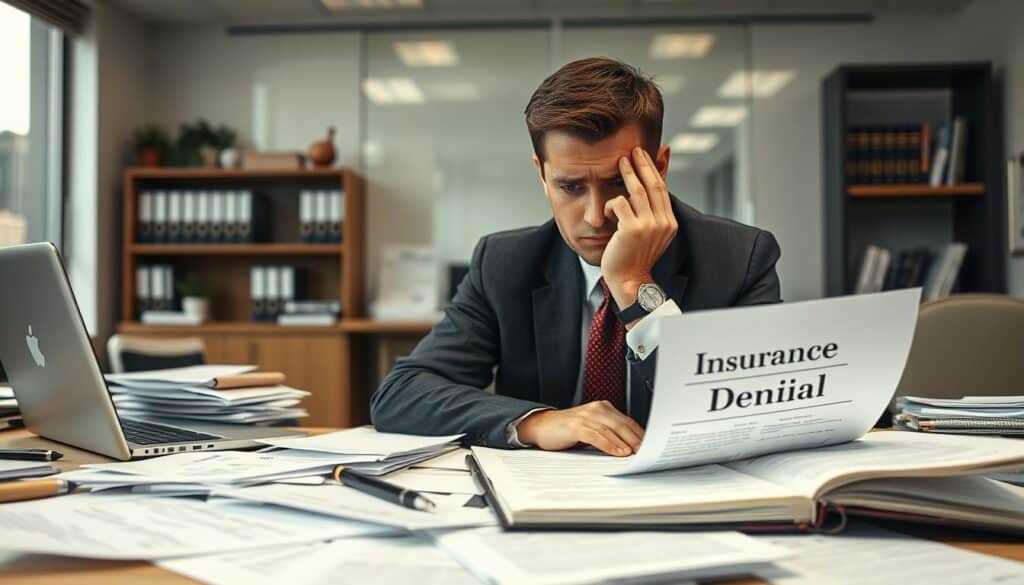 A professional office setting featuring a worried individual in business attire, sitting at a desk cluttered with paperwork and a laptop, looking at a document labeled "Insurance Denial". The foreground captures the focus on the person’s contemplative expression, while the middle ground includes scattered papers, a pen, and an open claims folder. The background shows a well-organized but busy office environment with soft overhead lighting, a shelf of legal books, and a window revealing a cityscape. The mood conveys tension and determination, highlighting the struggle of dealing with an insurance company denial. The composition suggests a narrative of advocacy and challenge in the face of bureaucratic obstacles, emphasizing the emotional weight of the situation.