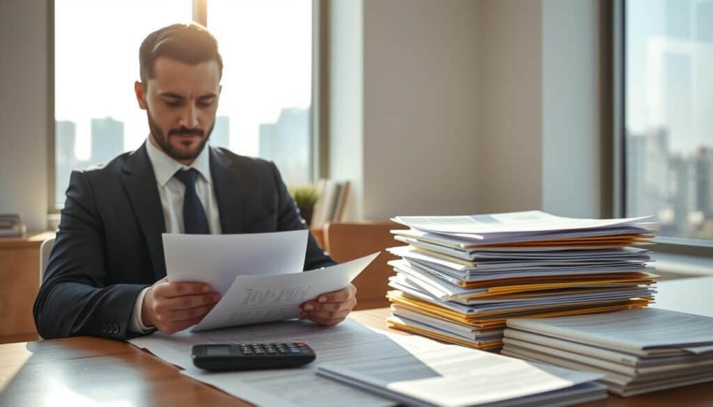 A professional office setting focused on the process of recovery of undervalued insurance compensation. In the foreground, a determined individual in smart business attire is reviewing documents and using a laptop, with a look of concentration and hope. The middle layer features a stack of paperwork, including insurance claim forms and a calculator, symbolizing the intricate financial aspects involved. In the background, a large window allows natural light to flood the room, creating a warm, optimistic atmosphere. Soft shadows enhance the sense of depth, while a blurred cityscape outside hints at the broader context of the insurance industry. The overall mood is one of professionalism and diligence, highlighting the effort in navigating financial recovery. A professional office setting focused on the process of recovery of undervalued insurance compensation. In the foreground, a determined individual in smart business attire is reviewing documents and using a laptop, with a look of concentration and hope. The middle layer features a stack of paperwork, including insurance claim forms and a calculator, symbolizing the intricate financial aspects involved. In the background, a large window allows natural light to flood the room, creating a warm, optimistic atmosphere. Soft shadows enhance the sense of depth, while a blurred cityscape outside hints at the broader context of the insurance industry. The overall mood is one of professionalism and diligence, highlighting the effort in navigating financial recovery.