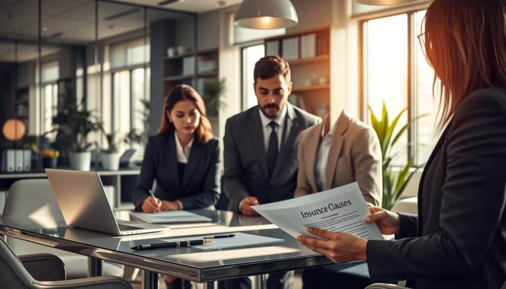 A professional office setting showcasing a diverse group of business people analyzing insurance clauses. In the foreground, a focused male and female team member study a document labeled "Insurance Clauses." The middle ground features an elegant conference table with a laptop and briefcases. The background has a modern office décor with glass walls, potted plants, and shelves filled with industry-related books. Soft, natural lighting streams in from large windows, casting gentle shadows across the scene, accentuating the serious, analytical mood. The overall atmosphere is one of professionalism and collaboration, reflecting an important discussion on the nuances of insurance policies. A professional office setting showcasing a diverse group of business people analyzing insurance clauses. In the foreground, a focused male and female team member study a document labeled "Insurance Clauses." The middle ground features an elegant conference table with a laptop and briefcases. The background has a modern office décor with glass walls, potted plants, and shelves filled with industry-related books. Soft, natural lighting streams in from large windows, casting gentle shadows across the scene, accentuating the serious, analytical mood. The overall atmosphere is one of professionalism and collaboration, reflecting an important discussion on the nuances of insurance policies.