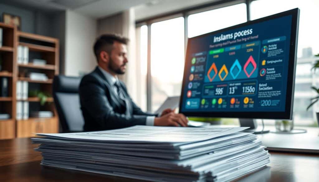 A professional office setting where a businessperson in a formal suit is sitting at a desk, reviewing documents related to an insurance claim. The foreground features a stack of paperwork with highlighted sections and notes, showcasing a sense of urgency and attention to detail. In the middle ground, a computer screen displays a colorful infographic about the claims process, with graphs and charts illustrating timelines and outcomes. The background features a large window letting in soft, natural light, enhancing the atmosphere of a bustling yet focused workspace. The overall mood conveys determination and professionalism, emphasizing the importance of understanding the claims process in insurance matters. A professional office setting where a businessperson in a formal suit is sitting at a desk, reviewing documents related to an insurance claim. The foreground features a stack of paperwork with highlighted sections and notes, showcasing a sense of urgency and attention to detail. In the middle ground, a computer screen displays a colorful infographic about the claims process, with graphs and charts illustrating timelines and outcomes. The background features a large window letting in soft, natural light, enhancing the atmosphere of a bustling yet focused workspace. The overall mood conveys determination and professionalism, emphasizing the importance of understanding the claims process in insurance matters.