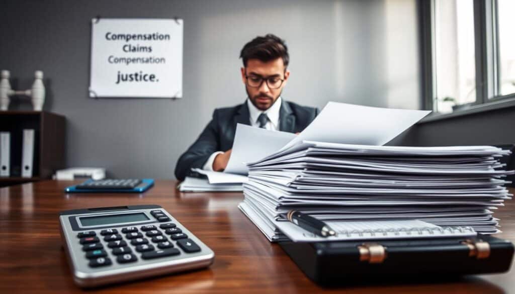 A professional office setting with a focus on a calculator, a notepad filled with financial notes, and a pen placed on a wooden desk in the foreground. In the middle ground, a concerned individual, dressed in a smart business outfit, studying the documents intently, surrounded by a stack of files labeled "Compensation Claims." The background features a gray wall with a motivational quote about justice on a poster, and a window letting in soft, natural light that casts gentle shadows across the scene. The mood is serious yet hopeful, symbolizing determination to challenge an unfair compensation decision. The image is well-composed, emphasizing the importance of advocating for rightful compensation without any text or distractions. A professional office setting with a focus on a calculator, a notepad filled with financial notes, and a pen placed on a wooden desk in the foreground. In the middle ground, a concerned individual, dressed in a smart business outfit, studying the documents intently, surrounded by a stack of files labeled "Compensation Claims." The background features a gray wall with a motivational quote about justice on a poster, and a window letting in soft, natural light that casts gentle shadows across the scene. The mood is serious yet hopeful, symbolizing determination to challenge an unfair compensation decision. The image is well-composed, emphasizing the importance of advocating for rightful compensation without any text or distractions.