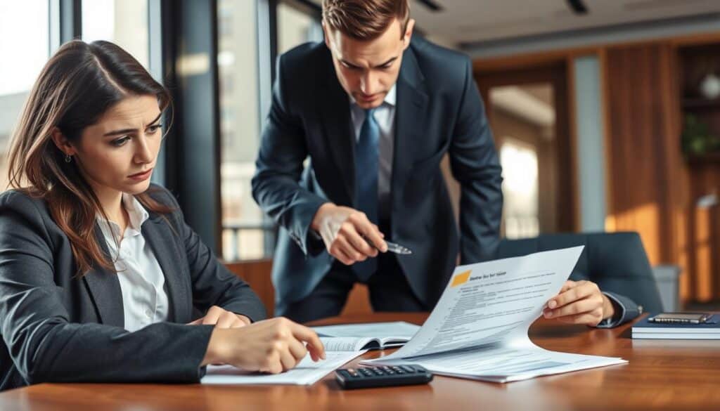 A professional office setting with a focus on a woman and a man in business attire discussing insurance claims. In the foreground, the woman is reviewing a document with a concerned expression, showcasing papers and a calculator on the desk. In the middle, the man leans forward, pointing at a highlighted section of the document, his expression focused and serious. The background features a large window with soft natural light illuminating the scene, casting gentle shadows. The atmosphere is tense but professional, conveying the seriousness of discussing compensation rights. A modern office with polished wooden furniture complements the mood, suggesting a professional environment. Use a slightly high-angle view to capture their engaged discussion.