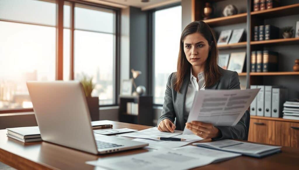 A professional office setting with a focus on an insurance claims process. In the foreground, a neatly organized desk with paperwork and a laptop displaying insurance forms. A concerned businesswoman in professional attire, looking at a document with a furrowed brow, expresses uncertainty about the compensation amount. In the middle ground, a large window reveals a cityscape, bathed in soft daylight, adding an optimistic atmosphere. The background features shelves filled with legal books and insurance brochures, emphasizing the theme of claims and compensation. The lighting is warm and inviting, creating a reflective mood as the woman contemplates her situation, capturing the essence of doubt regarding the compensation from the insurer. A professional office setting with a focus on an insurance claims process. In the foreground, a neatly organized desk with paperwork and a laptop displaying insurance forms. A concerned businesswoman in professional attire, looking at a document with a furrowed brow, expresses uncertainty about the compensation amount. In the middle ground, a large window reveals a cityscape, bathed in soft daylight, adding an optimistic atmosphere. The background features shelves filled with legal books and insurance brochures, emphasizing the theme of claims and compensation. The lighting is warm and inviting, creating a reflective mood as the woman contemplates her situation, capturing the essence of doubt regarding the compensation from the insurer.