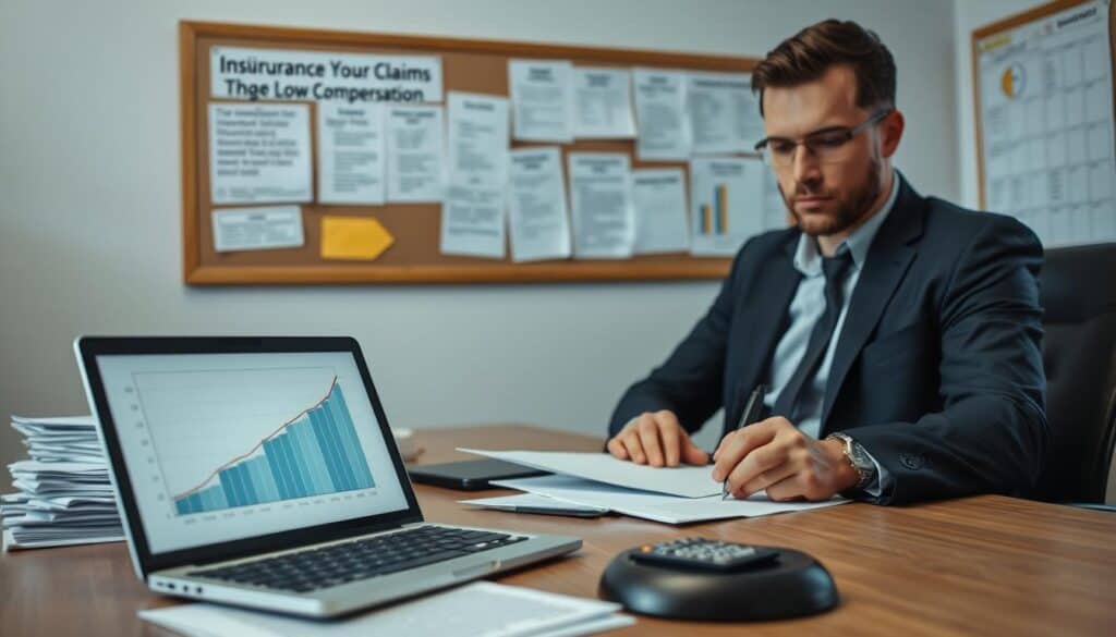A professional office setting with a focus on documents and legal discussions. In the foreground, a determined person in business attire sits at a desk, reviewing paperwork and taking notes. The middle layer includes a laptop displaying a graph related to insurance claims, while a calculator rests beside stacks of documents. In the background, a wall-mounted bulletin board filled with reminders and charts, depicting action steps for disputing low compensation. The lighting is bright and focused, creating an atmosphere of clarity and urgency. The angle is slightly tilted to emphasize the seriousness of the situation, capturing a moment of research and preparation in the face of insurance disputes.