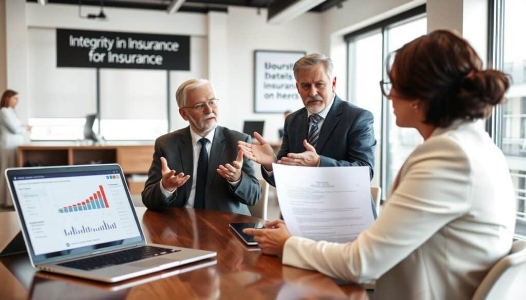 A professional office setting with a strong focus on a female insurance agent and a concerned client engaged in a discussion about a claim adjustment. In the foreground, the agent, dressed in a tailored business suit, sits at a polished wooden desk with a laptop open, displaying charts and figures related to insurance claims. In the middle, the client, a middle-aged man in smart casual attire, expresses his concerns, using hand gestures to emphasize points. The background reveals a modern office with large windows allowing natural light to stream in, creating a warm atmosphere. A motivational poster about integrity in insurance hangs on the wall. The scene conveys a sense of urgency and professionalism, highlighting effective communication in the insurance industry.