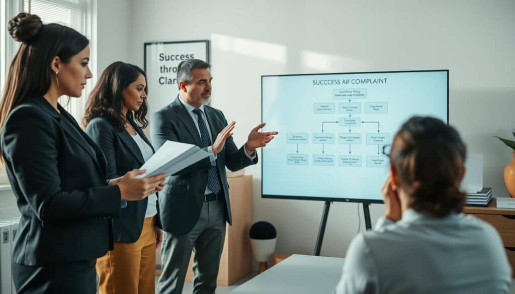 A professional setting depicting a diverse group of individuals engaged in a discussion about submitting a complaint regarding an insurance claim. In the foreground, a woman in a business suit is reviewing documents, highlighting key points. In the middle, a man in formal attire is gesturing towards a flowchart outlining the steps for filing a complaint, which is displayed on a large screen. The background features an office environment with files, a desk, and an inspirational poster emphasizing "Success through Clarity." Soft, natural lighting floods the room, creating an inviting atmosphere. The angle is slightly elevated, capturing the group’s engaged expressions and the collaborative spirit of resolution. Overall, the mood conveys professionalism, clarity, and determination.