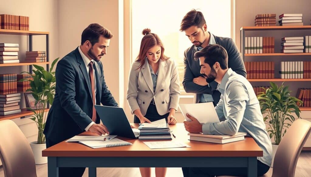 A professional setting that illustrates the concept of "Prawa poszkodowanych" (Rights of Victims). In the foreground, a diverse group of three individuals, a male lawyer in formal attire, a female insurance agent in business attire, and a male victim in smart casual clothes, are engaged in a serious discussion over a table filled with documents and a laptop. In the middle ground, a large window admits soft, natural light, illuminating the scene, with plants to the side adding warmth. The background features shelves stacked with legal books and a cityscape visible through the window, conveying a sense of accountability and transparency. The mood is focused and professional, emphasizing rights and support for victims in the context of insurance claims. A professional setting that illustrates the concept of "Prawa poszkodowanych" (Rights of Victims). In the foreground, a diverse group of three individuals, a male lawyer in formal attire, a female insurance agent in business attire, and a male victim in smart casual clothes, are engaged in a serious discussion over a table filled with documents and a laptop. In the middle ground, a large window admits soft, natural light, illuminating the scene, with plants to the side adding warmth. The background features shelves stacked with legal books and a cityscape visible through the window, conveying a sense of accountability and transparency. The mood is focused and professional, emphasizing rights and support for victims in the context of insurance claims.