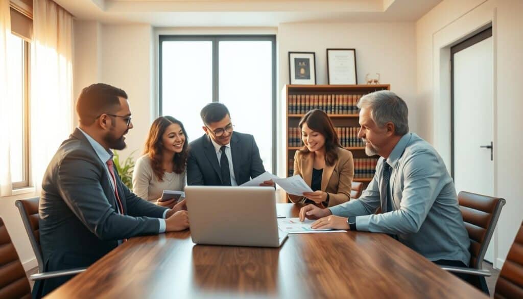 A serene office setting capturing alternative dispute resolution methods. In the foreground, a diverse group of three professionals—two men and one woman—dressed in smart business attire, are engaged in a collaborative discussion around a wooden conference table. They are reviewing legal documents and a laptop displays charts and graphs. In the middle ground, a large window allows soft, natural light to pour in, enhancing the warm atmosphere of teamwork. The background shows a bookshelf with legal books and framed certificates, symbolizing professionalism and expertise. The color palette features warm tones, creating a calm and inviting environment that fosters negotiation and resolution. The perspective is slightly elevated, offering a comprehensive view of the interaction. A serene office setting capturing alternative dispute resolution methods. In the foreground, a diverse group of three professionals—two men and one woman—dressed in smart business attire, are engaged in a collaborative discussion around a wooden conference table. They are reviewing legal documents and a laptop displays charts and graphs. In the middle ground, a large window allows soft, natural light to pour in, enhancing the warm atmosphere of teamwork. The background shows a bookshelf with legal books and framed certificates, symbolizing professionalism and expertise. The color palette features warm tones, creating a calm and inviting environment that fosters negotiation and resolution. The perspective is slightly elevated, offering a comprehensive view of the interaction.