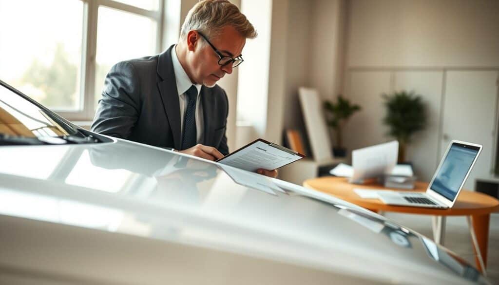 A serene office setting with a professional appraiser evaluating vehicle damage. In the foreground, a middle-aged man in a tailored suit closely inspects a damaged car hood, examining the dents and scratches with a clipboard in hand. The middle section features a well-organized desk with documents and a laptop displaying repair estimates. In the background, large windows let in natural light, illuminating the room and casting soft shadows. The atmosphere is calm and focused, emphasizing the seriousness of assessing damage accurately. Use a shallow depth of field to create a slight blur on the background, directing attention to the appraiser's meticulous work. The overall lighting should be warm, creating an inviting yet professional mood. A serene office setting with a professional appraiser evaluating vehicle damage. In the foreground, a middle-aged man in a tailored suit closely inspects a damaged car hood, examining the dents and scratches with a clipboard in hand. The middle section features a well-organized desk with documents and a laptop displaying repair estimates. In the background, large windows let in natural light, illuminating the room and casting soft shadows. The atmosphere is calm and focused, emphasizing the seriousness of assessing damage accurately. Use a shallow depth of field to create a slight blur on the background, directing attention to the appraiser's meticulous work. The overall lighting should be warm, creating an inviting yet professional mood.