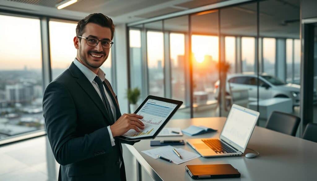 A sleek, modern office environment depicting a confident professional holding a tablet, reviewing documents related to vehicle compensation claims. In the foreground, the professional, dressed in smart business attire, smiles as they point to essential data on the tablet screen. The middle layer shows a well-organized desk with various automotive-related documents and a laptop open, displaying statistics and charts. The background features a large window with a cityscape view, illuminated by the golden glow of the setting sun. The overall atmosphere conveys trust, efficiency, and expertise, emphasizing the role of MOTOEXPERT in verifying insurance claims. The lighting is warm and inviting, creating a sense of optimism and professionalism in the space.