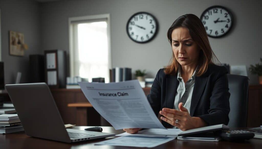 A somber office setting with a professional atmosphere, focusing on a person in business attire sitting at a desk. In the foreground, a mid-30s Caucasian woman with a concerned expression is examining a document labeled "Insurance Claim." In the middle ground, a cluttered desk with a laptop, papers, and a calculator adds to the tension. In the background, a wall clock reads 5:00 PM, emphasizing a deadline. Soft, natural lighting streams in from a nearby window, casting gentle shadows and creating a sense of urgency. The overall mood is one of anxiety and frustration, reflecting the emotional impact of receiving a low settlement after an accident.