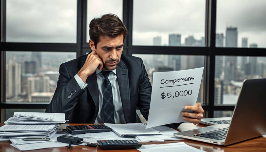 A thought-provoking visual representation of an insurance claim being undervalued. In the foreground, a frustrated business professional, dressed in a smart suit, anxiously reviews a document marked with a low compensation amount. Their expression is a mix of disappointment and determination. In the middle ground, a table cluttered with papers, calculators, and a laptop, symbolizing the complexities of insurance claims. In the background, a large window shows a gloomy cityscape, suggesting a sense of urgency and tension. The lighting is soft yet focused, highlighting the subject's face while casting gentle shadows on the surrounding objects. The overall atmosphere is one of concern and contemplation, perfectly illustrating the theme of inadequate compensation. A thought-provoking visual representation of an insurance claim being undervalued. In the foreground, a frustrated business professional, dressed in a smart suit, anxiously reviews a document marked with a low compensation amount. Their expression is a mix of disappointment and determination. In the middle ground, a table cluttered with papers, calculators, and a laptop, symbolizing the complexities of insurance claims. In the background, a large window shows a gloomy cityscape, suggesting a sense of urgency and tension. The lighting is soft yet focused, highlighting the subject's face while casting gentle shadows on the surrounding objects. The overall atmosphere is one of concern and contemplation, perfectly illustrating the theme of inadequate compensation.