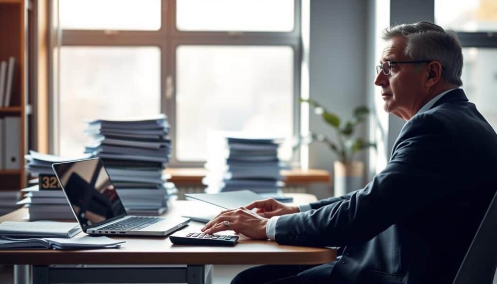 A thoughtful scene depicting a professional office environment where an insurance adjuster is reviewing a claim decision. In the foreground, a middle-aged male adjuster in a crisp suit, looking focused, is sitting at a modern desk cluttered with documents and a laptop. In the middle, there are stacks of paperwork and a calculator symbolizing the complexity of insurance claims. In the background, a large window lets in soft, natural light that casts gentle shadows, enhancing the serious but hopeful atmosphere. The color palette is neutral with blue and gray tones, conveying a sense of professionalism and structure. The image should evoke determination and contemplation, reflecting the importance of appealing an insurance decision.