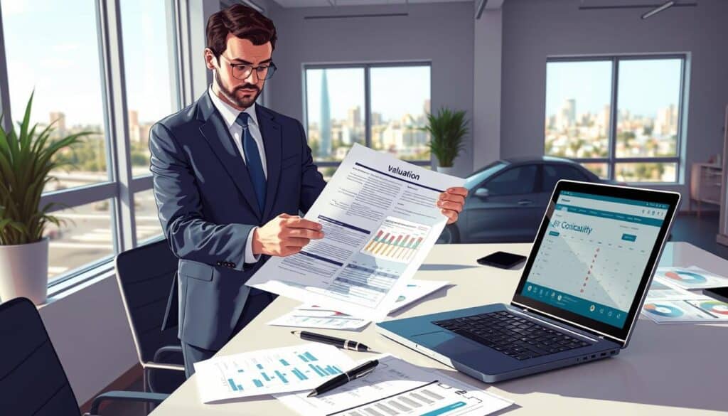 An illustration of "Damage Valuation" featuring a well-organized office setting. In the foreground, a confident business professional in a tailored suit, analyzing a document that details car damage assessments, with a focused expression. In the middle, a sleek desk with a laptop open to a valuation calculator, alongside charts and documents scattered, reflecting the complexity of insurance claims. The background shows a window with a view of an urban landscape, hinting at the automotive industry. The scene is brightly lit with natural daylight pouring in, creating an atmosphere of diligence and professionalism. The angle is slightly tilted to capture both the subject and the workspace effectively, ensuring a clear focus on the task at hand, without any text or distractions in the image. An illustration of "Damage Valuation" featuring a well-organized office setting. In the foreground, a confident business professional in a tailored suit, analyzing a document that details car damage assessments, with a focused expression. In the middle, a sleek desk with a laptop open to a valuation calculator, alongside charts and documents scattered, reflecting the complexity of insurance claims. The background shows a window with a view of an urban landscape, hinting at the automotive industry. The scene is brightly lit with natural daylight pouring in, creating an atmosphere of diligence and professionalism. The angle is slightly tilted to capture both the subject and the workspace effectively, ensuring a clear focus on the task at hand, without any text or distractions in the image.